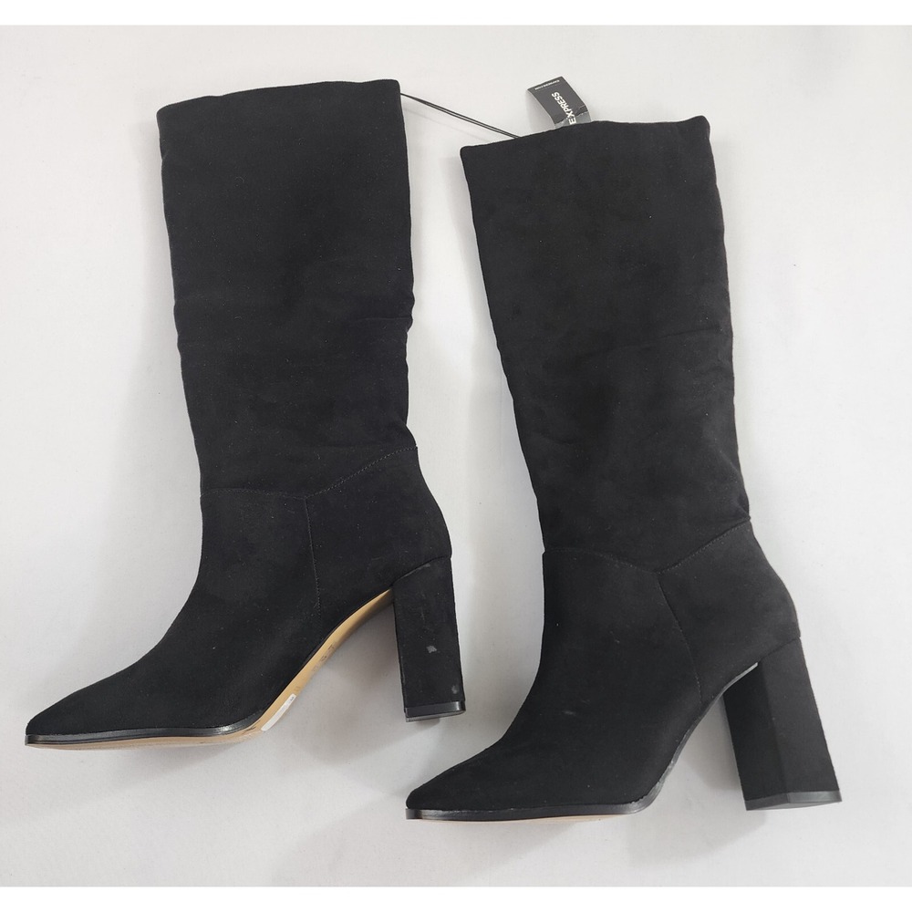 Express Black Faux Suede Knee High Block Heel Boots Womens 7M 29470792 New